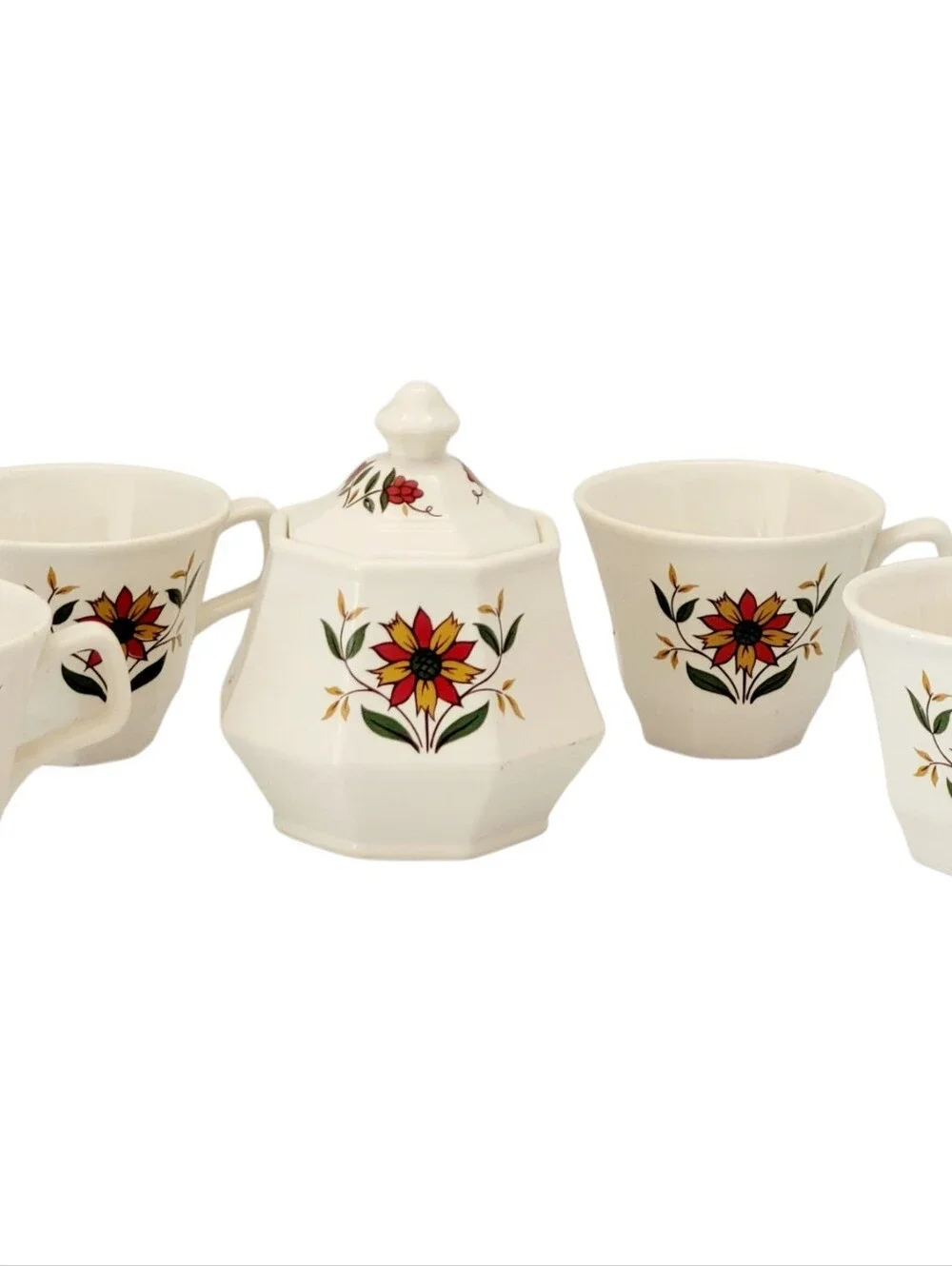(Lot Of 5) Homer Laughlin Bayberry Floral Ironstone Pieces Sugar Bowl/Lid / Cups